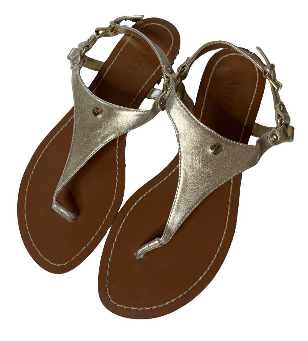 Lauren Ralph Lauren Women's 9B Gold Metallic T-strap Flat Sandals